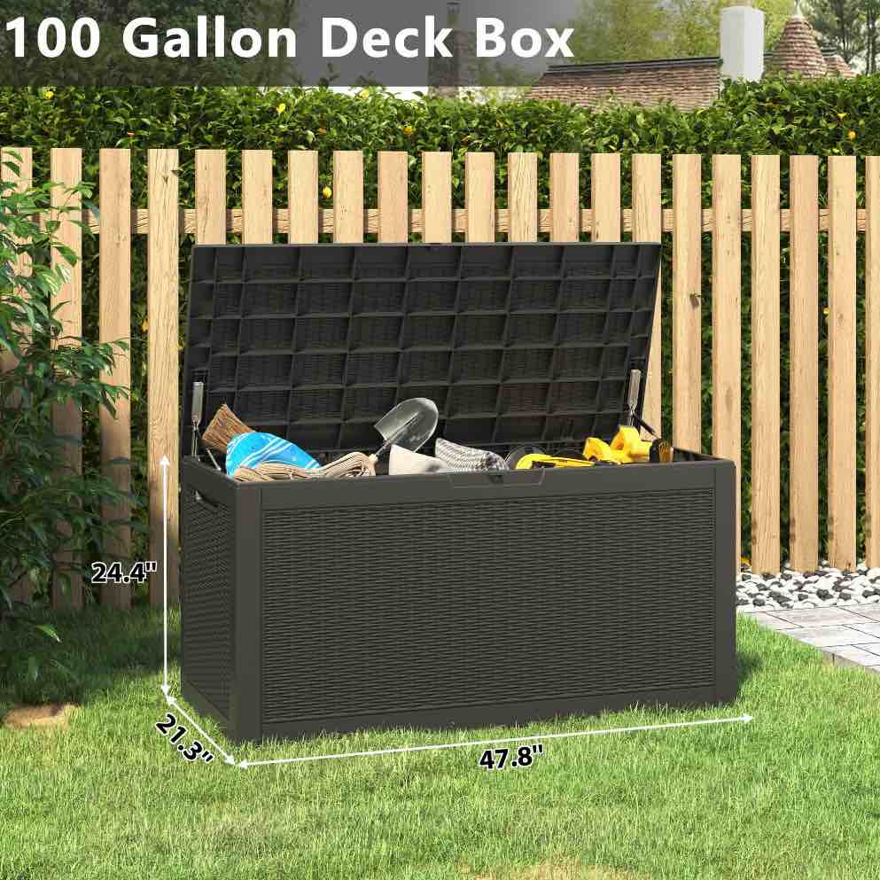 Condition photo showing New/Like New for Bifanuo 100 Gallon Deck Box Lockable Resin Outdoor Storage Box Waterproof Outdoor Container for Patio Furniture Cushions Pillow