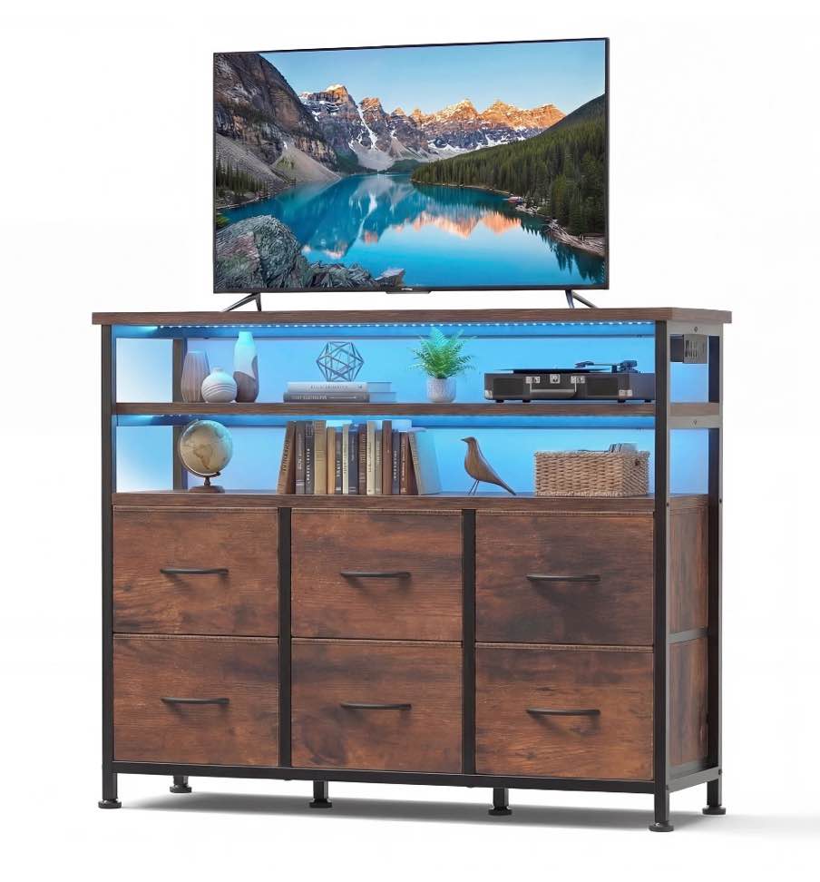 EDX 6-Drawer Fabric Dresser with Power Outlets and LED Light, TV stand for Bedroom, Living Room, Hallway, Rust
