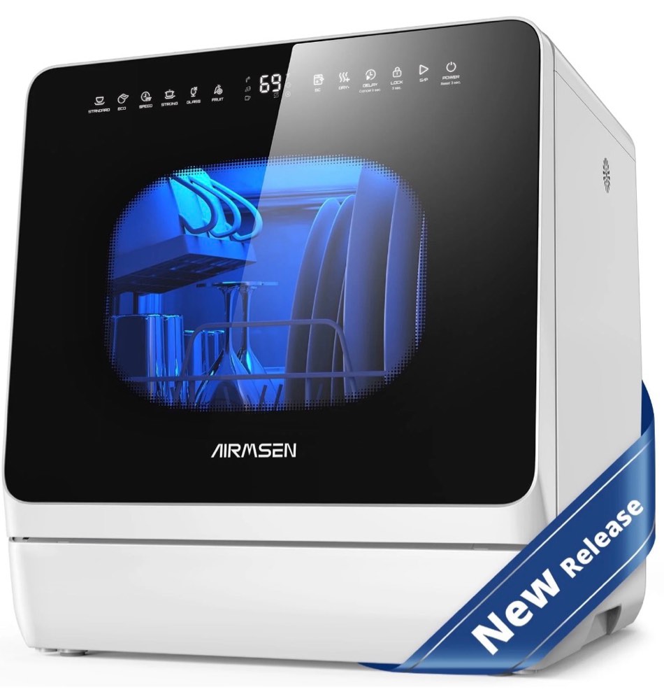 AIRMSEN Countertop Dishwasher with Salt Chamber, Portable Mini Dishwasher with 5L Built-in Water Tank, 18H Delay Start & ECO Mode, Ideal for Apartments & RVs, TDQR09