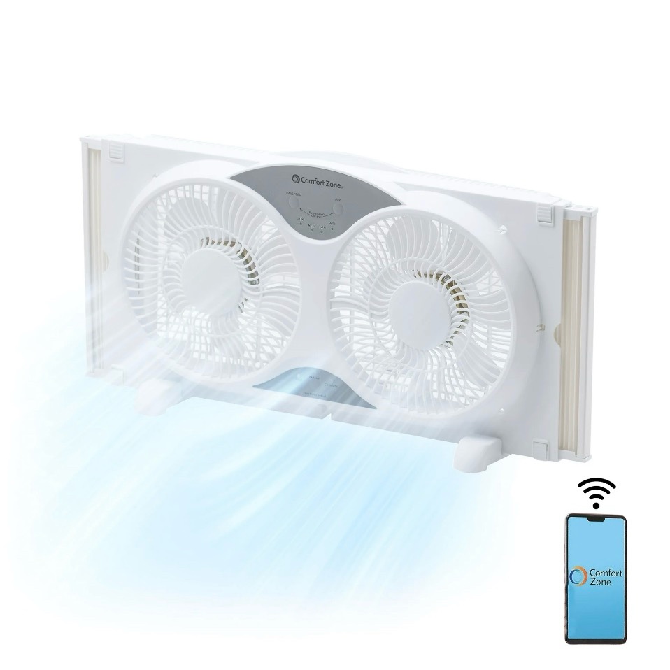 Comfort Zone Living Comfort Smart Wi-Fi Reversible Twin Window Fan with Removable Cover and Bug Screen 9 inch 3-Speed Expandable Timer Compatible with iOS/Android LC310SWT