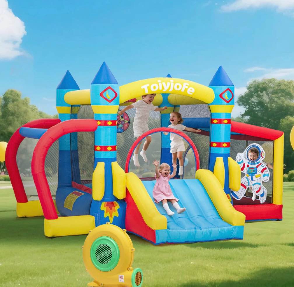 Toiyjofe Inflatable Bounce House Rocket Theme 7-in-1 Play Center with Slide and Ball Pit for Kids Ages 3-6, Indoor & Outdoor Play