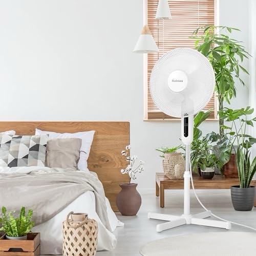 HOLMES 16" Digital Stand Fan 80 Oscillation 3 Speeds 3 Modes 7.5-Hour Timer Adjustable Height 30 Head Tilt Ideal for Home Bedroom or Office