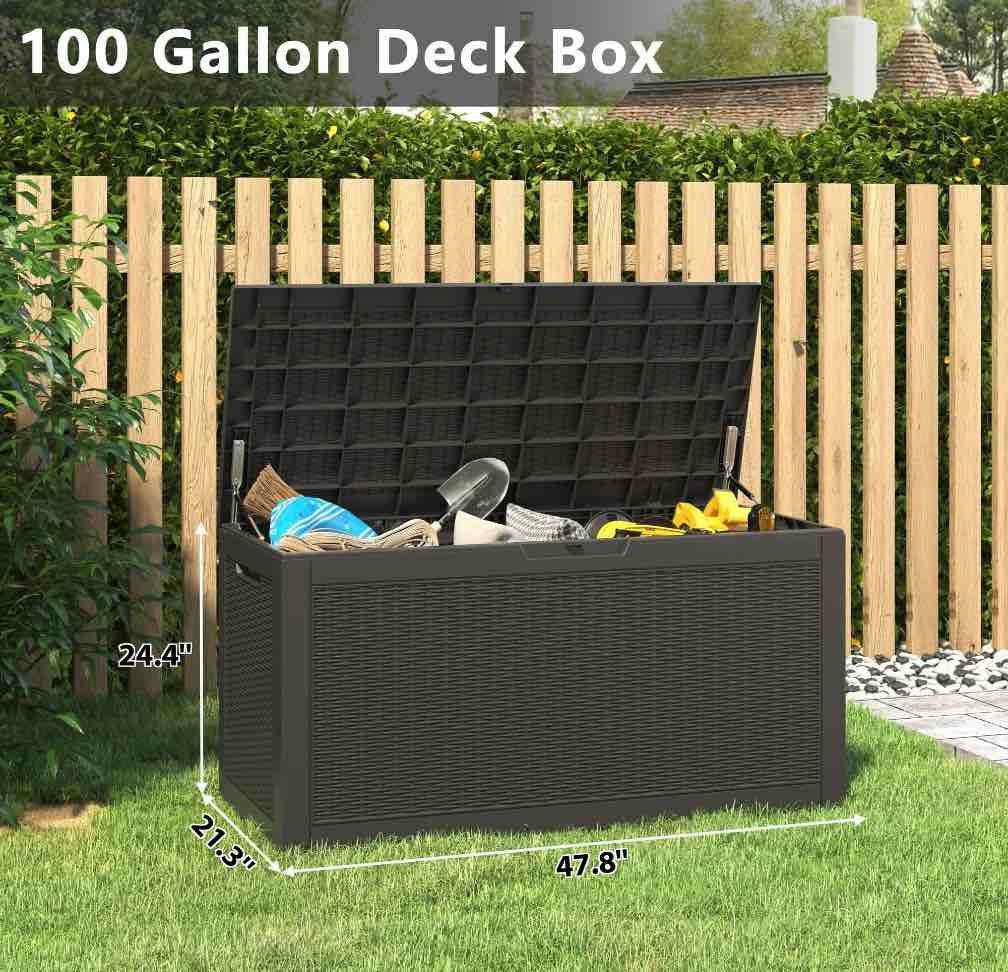 Condition photo showing Good Condition for Bifanuo 100 Gallon Deck Box Lockable Resin Outdoor Storage Box Waterproof Outdoor Container for Patio Furniture Cushions  Pillow