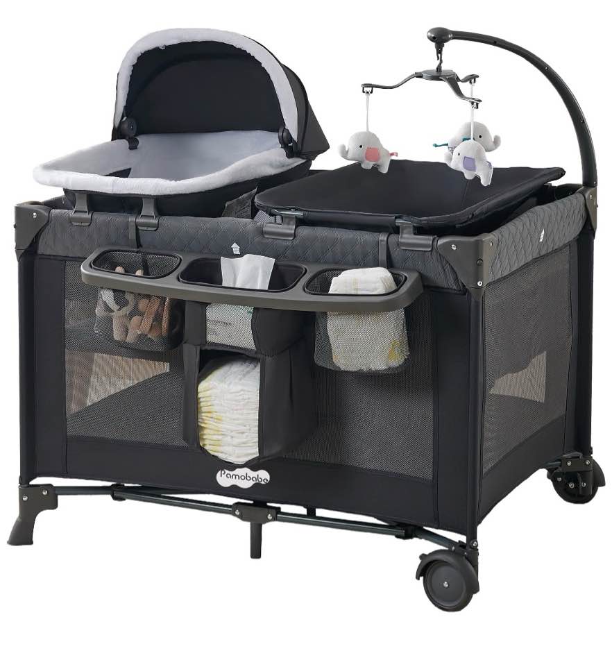 Pamo Babe 4-in-1 Baby Playard with Bassinet & Changing Table for Newborn,Grey