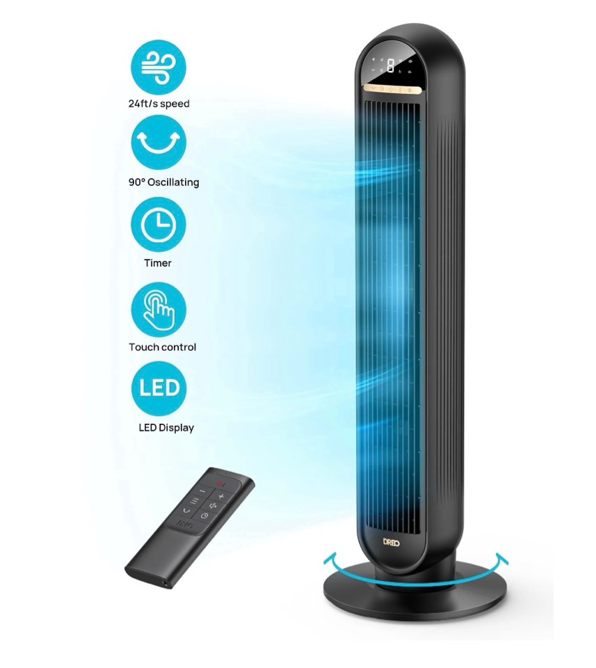 Dreo Tower Fans for Home  36  Standing Floor Fan with Remote  90° Oscillating Fan  24 ft/s High Velocity  LED Display  4 Speeds  4 Modes  8H Timer  Quiet Bedroom Fan