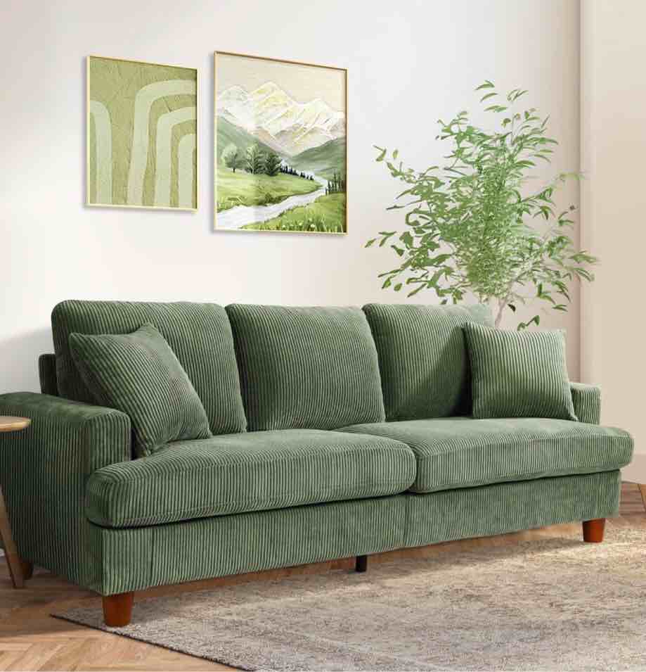 87" Corduroy Sofa,3 Seater Sofa with Extra Deep Seats,Neche Comfy Upholstered Couch for Living Room,2 Pillows,Green