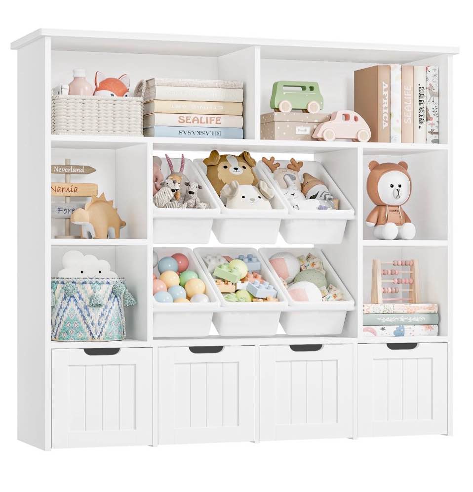 Condition photo showing Good Condition for Hiphuta Large 4 Tier Kids Bookcase, Wood Toy Organizer of 6 Boxes & 4 Removable Drawers, Bookshelf for Kids Room Classroom, White