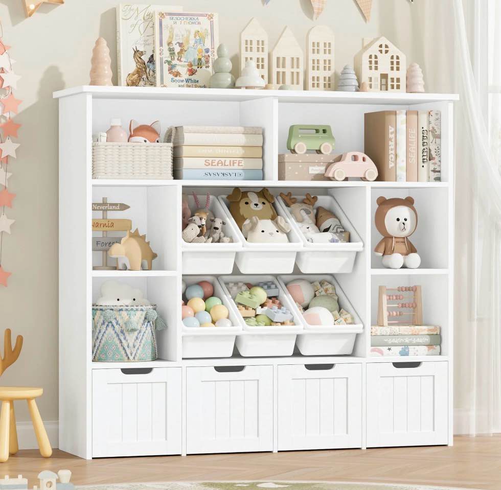 Hiphuta Large 4 Tier Kids Bookcase, Wood Toy Organizer of 6 Boxes & 4 Removable Drawers, Bookshelf for Kids Room Classroom, White