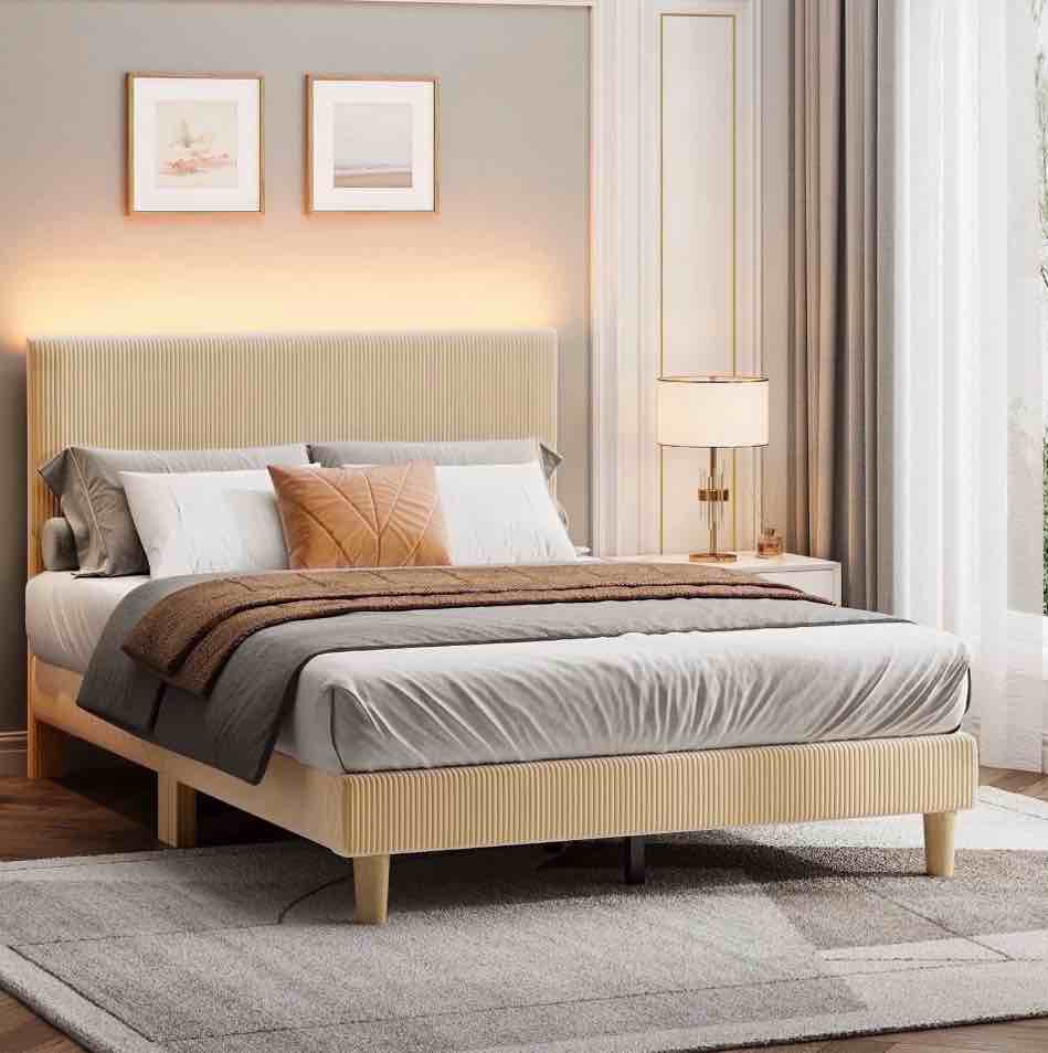 Bestier Corduroy Upholstered Full Bed Frame with Adjustable Headboard, Platform Bed Frame with LED Light, Solid Wood Slats, No Box Spring Needed, Beige