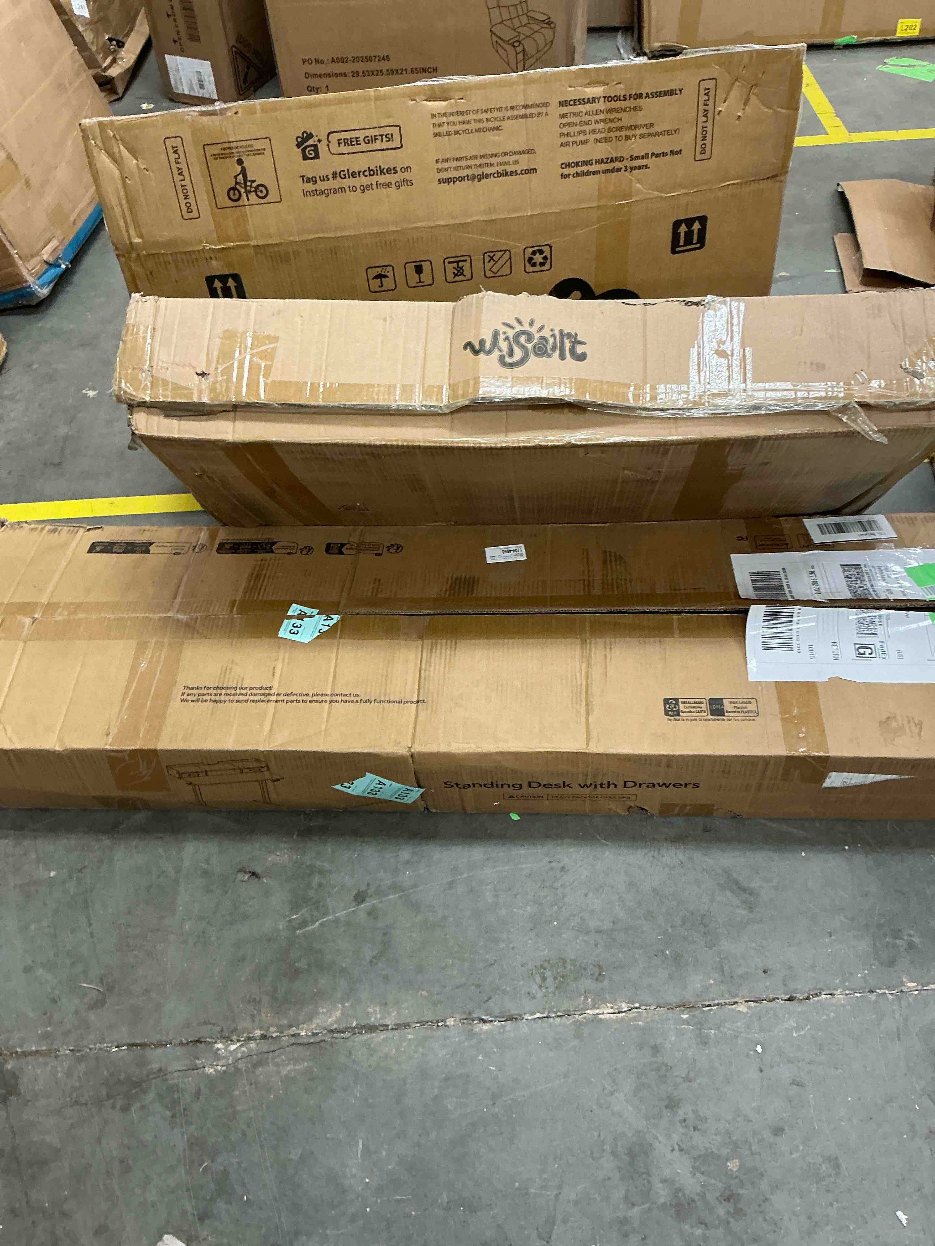 Condition photo showing New/Like New for Innovar 63 inch Standing Desk with 2 Storage Drawers, Stand up and Down Large Height Adjustable Desk,Electric Sit to Stand Teacher Rising Computer Desk with 4 Wheels for Office Home,White