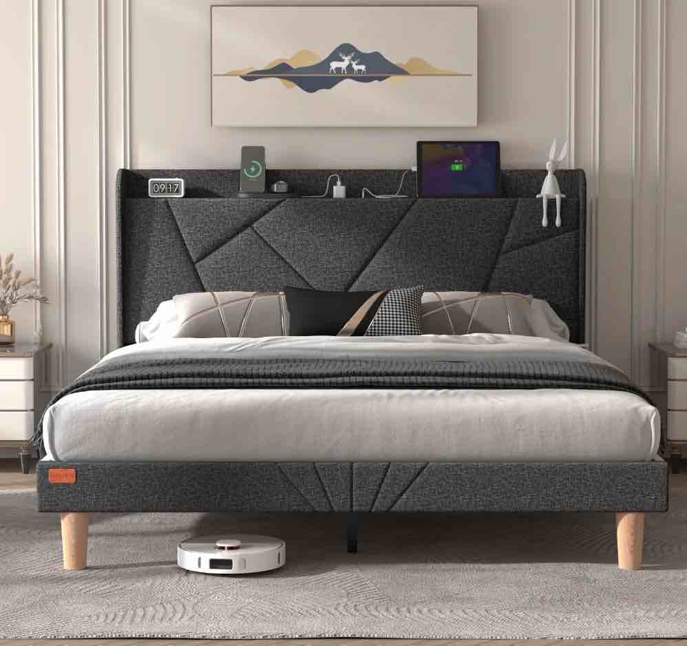 NISIEN Queen Bed Frame with Charging Station, Upholstered Platform Bed with Wingback Storage Headboard, Dark Gray