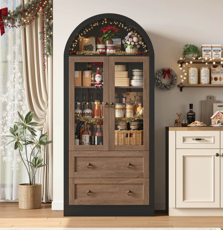 Hiphuta 70" Tall Arched Kitchen Pantry Storage Cabinet with Glass Doors, Freestanding Modern Farmhouse Hutch Cupboard with 2 Large Drawers, for Kitchen Dining Room, Black & Oak