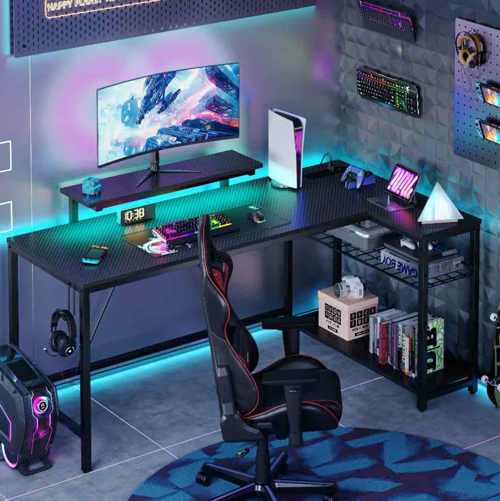 Bestier 58" Gaming Desk with LED Lights L Shaped Desk with Power Outlet & Monitor Stand Corner Computer Desk in Carbon Fiber