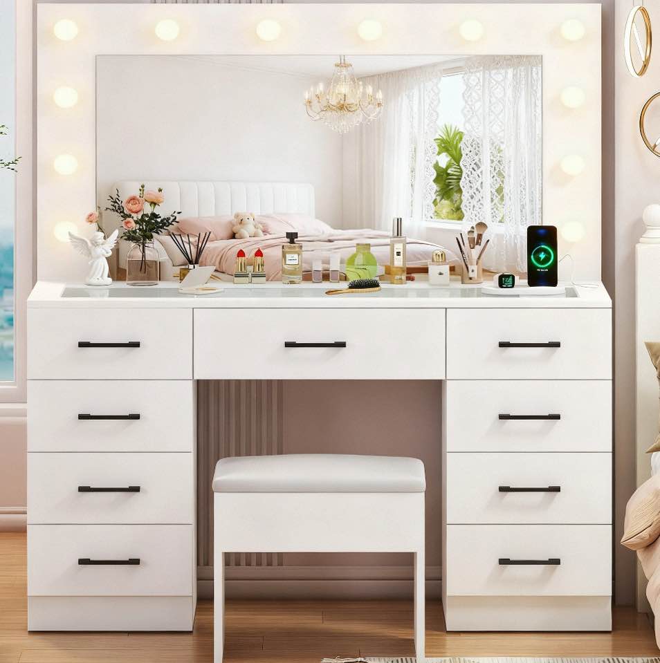Ktaxon Large Makeup Vanity, Get Ready with Me GRWM Vanity Table Set w/ Visible Glass Top w/ Charging Station, White