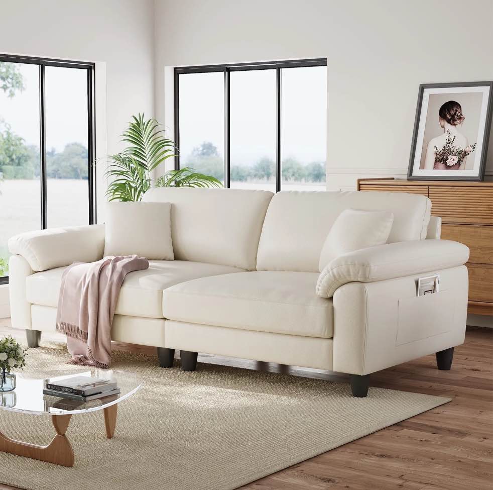 83" Couch Premium PU Leather Sofa, Comfy Extra Deep Seat 3 Seater Couch for Living Room, Oversized Loveseat with 2 Pillows, Beige