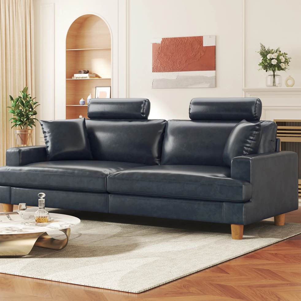 87" Sofa Premium PU Leather Couch with Headrest, Comfy 27" Extra Deep Seat 3 Seater Sofa for Living Room, Includes 2 Pillows, Gray