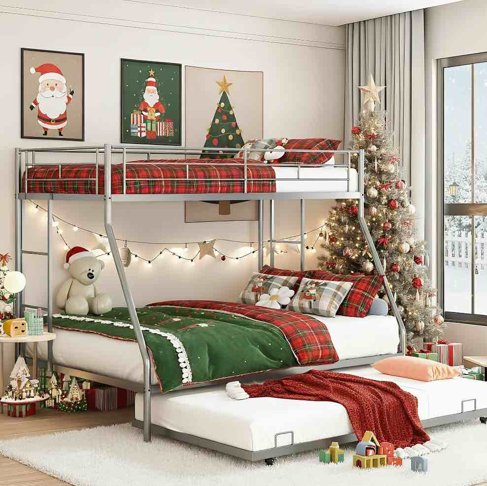 Metal Twin Over Full Bunk Beds with Trundle Bed, UHOMEPRO Twin Over Full Bunk Beds for Kids Adults Teens, Dorm Room Bunkbed with Trundle, 2 Ladders, CPC Certification, No Box Spring Needed, Silver