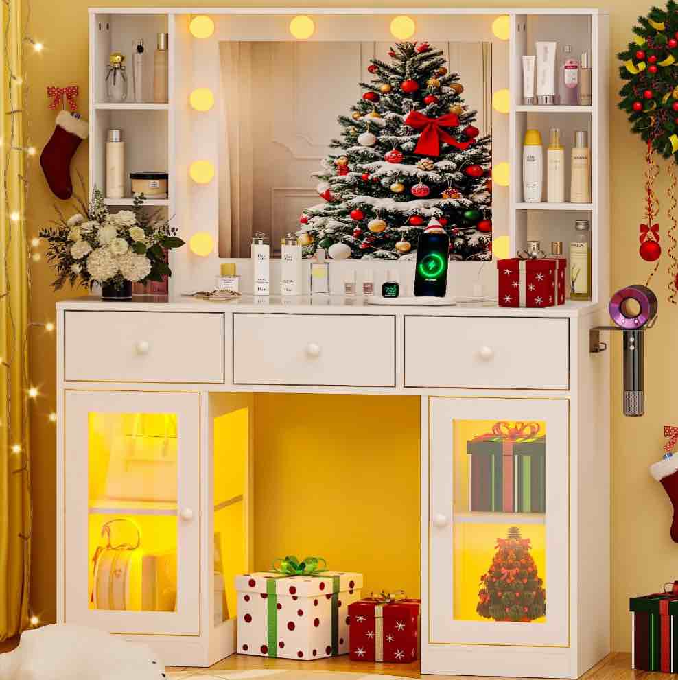 Ktaxon Makeup Vanity with Lighted Mirror, Vanity Table with Glass Table Top and Charging Station for Bedroom, White