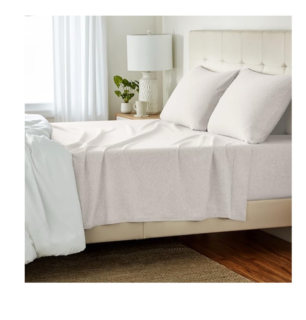 Amazon Basics Cotton Jersey 4-Piece Soft, Breathable, Wrinkle-Free Bed Sheet Set, Queen, Oatmeal, Solid