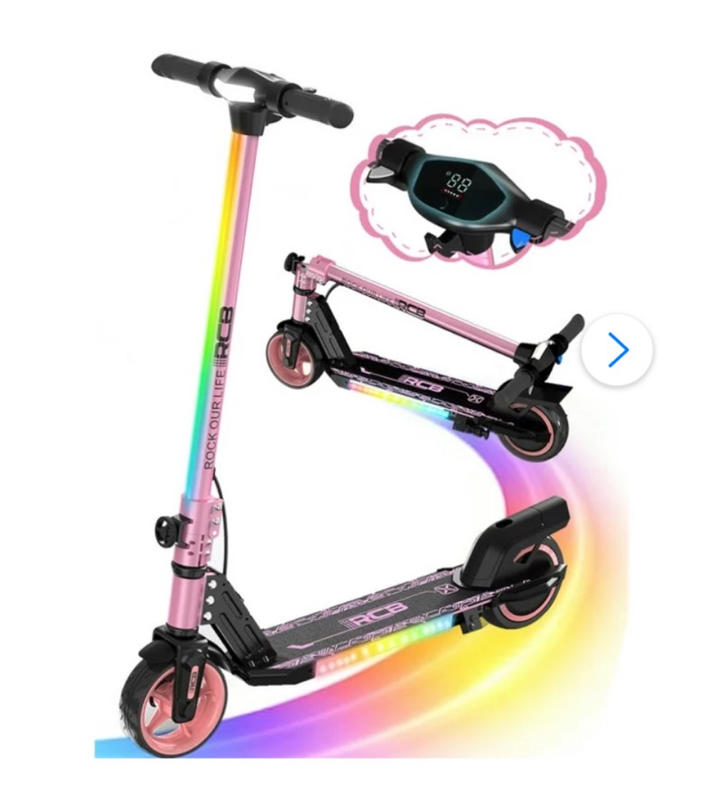 rcb electric scooter for kids,max speed 9.3 mph,6.5 miles range,rainbow led lights&display,foldable&portable
