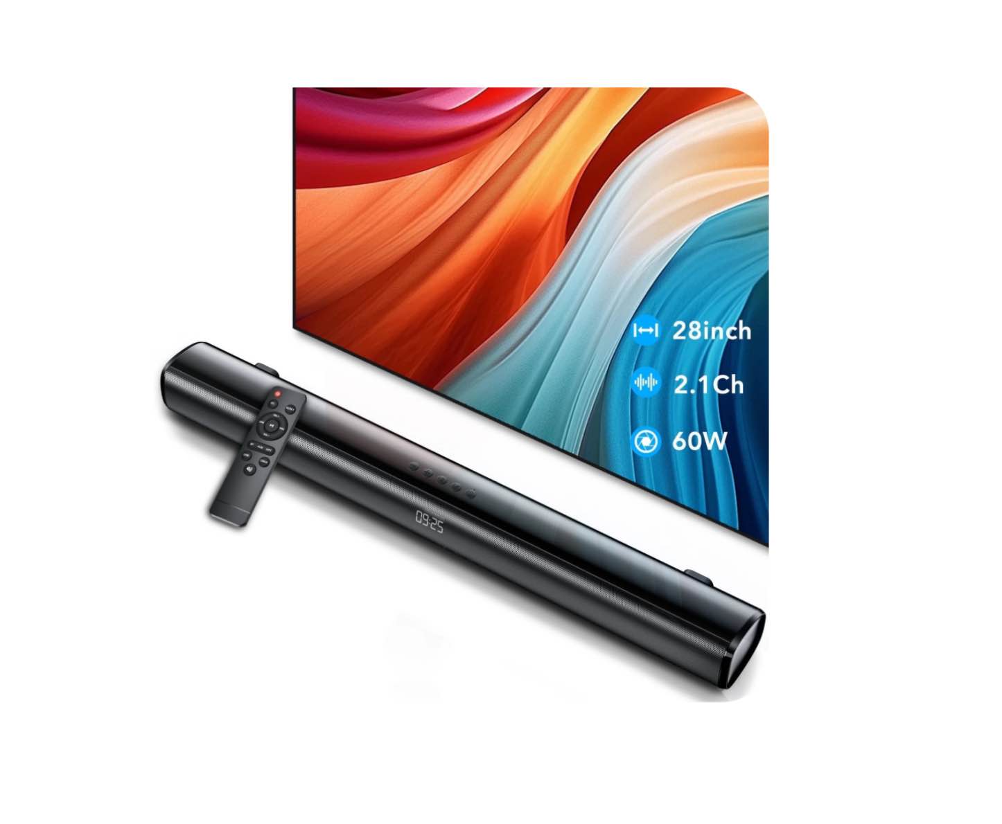 Sound Bar for TV, 60W Soundbar TV Speakers, 2.1 ch Home Theater with Subwoofer Boost, 3 Equalizer Modes, Soundbar for TV/PC/Gaming/Projectors, Bluetooth, OPT, COX, USB & AUX Wall Mountable