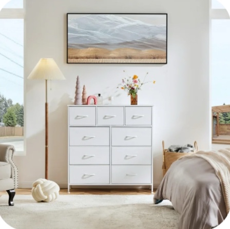 ZUNMOS Fabric Storage Dresser with 9 Drawers, Steel Frame and Wooden Top for Bedroom, Closet and Entryway , White
