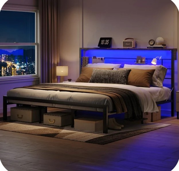 bestier king size bed frame with 49.2" high led storage headboard shelf, metal platform bed, black