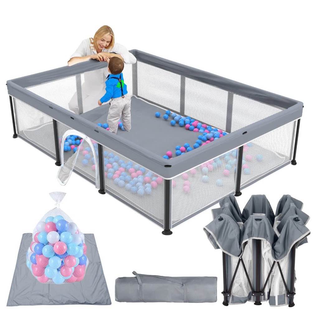 G TALECO GEAR Large Baby Playpen with Mat, Foldable Playpen for Babies and Toddlers, Portable Travel Play Yard, 50"x71", Gray