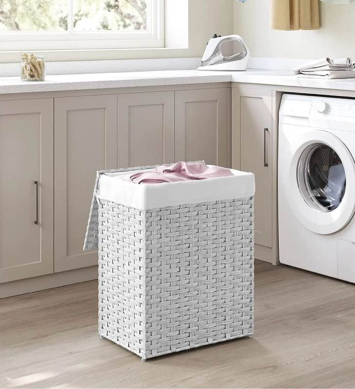 23.8 Gal (90L) White Laundry Hamper Wicker Laundry Basket with Lid and Handles Clothes Hamper Foldable Removable Liner Bag White