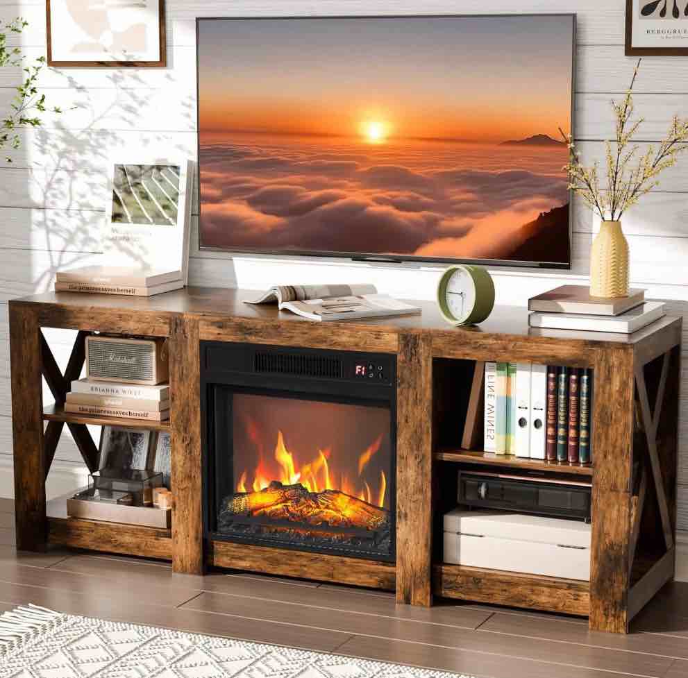 VINGLI Fireplace TV Stand up to 80 inch TVs, Farmhouse Entertainment Center with Electric Fireplace Heater & Adjustable Shelves, Fireplace Media Console Table, Living Room