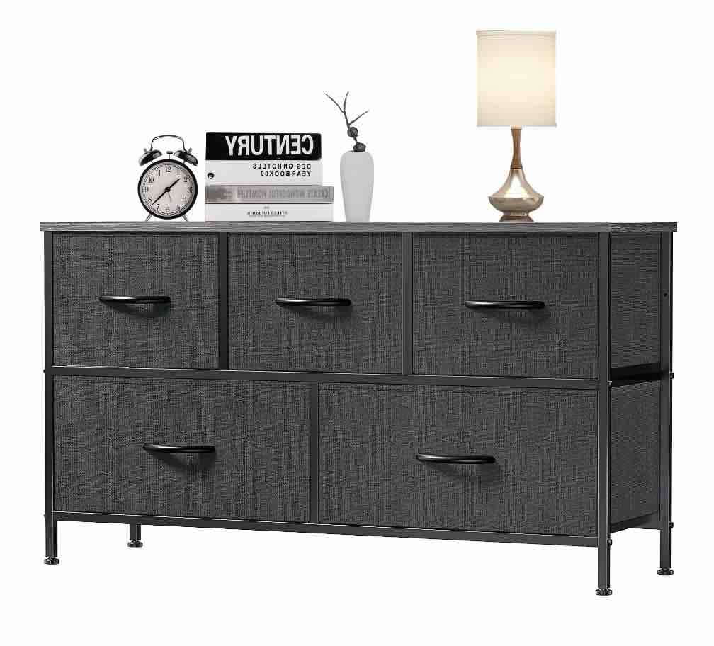 EDX 5 Drawer Dresser, Wide Chest of Drawers Nightstand Storage Tower Storage Fabric Dresser with Wood Top for Living Room, Bedroom, Hallway,Black