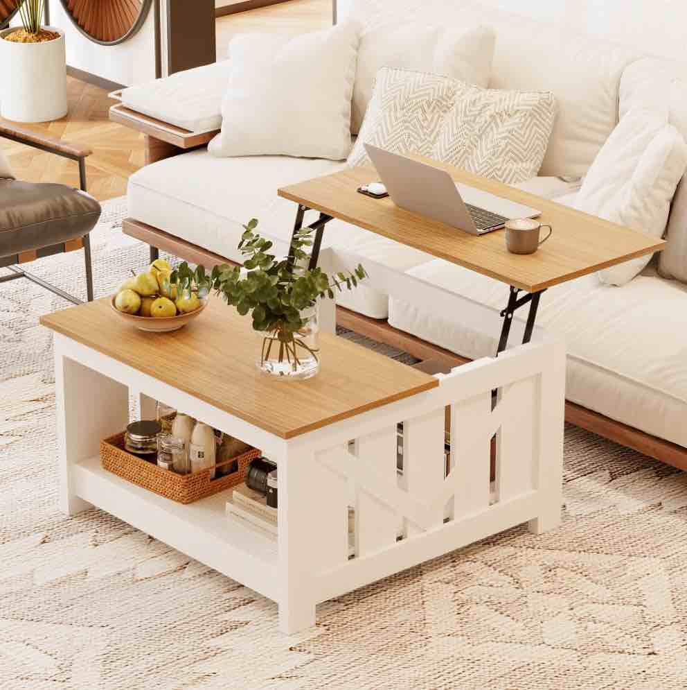 GUNAITO Lift Top Coffee Table with Storage Cabinet and 2 Compartments for Living Room, white, 31.5''Hx31.5''W in