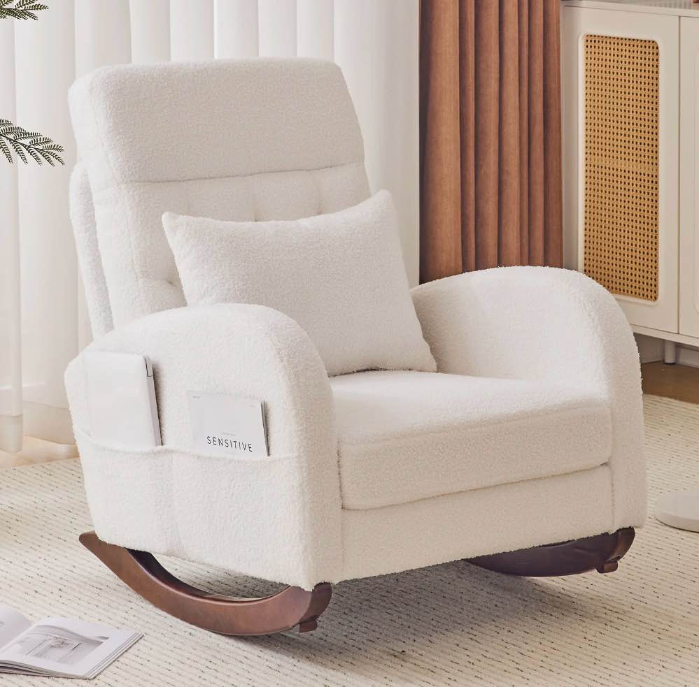 Ktaxon Rocking Accent Chair Glider Reading Chair Comfy Teddy Velvet Upholstered Single Sofa Rocker for Living Room, Nursery, Bedroom Beige