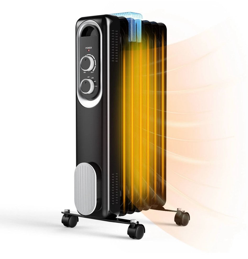 edx basic electric oil filled radiator, 1500w space heater with adjustable thermostat, black, 22.83 x 11.81 x 4.92 in