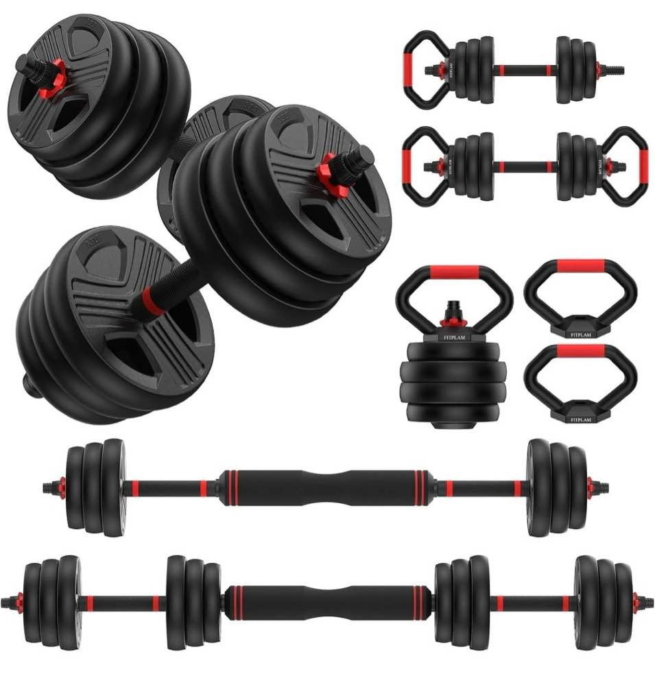 70lbs free weight set with connector  6 in1 dumbbells set used as barbell  kettlebells  push up stand  fitness exercises for home gym suitable men/women