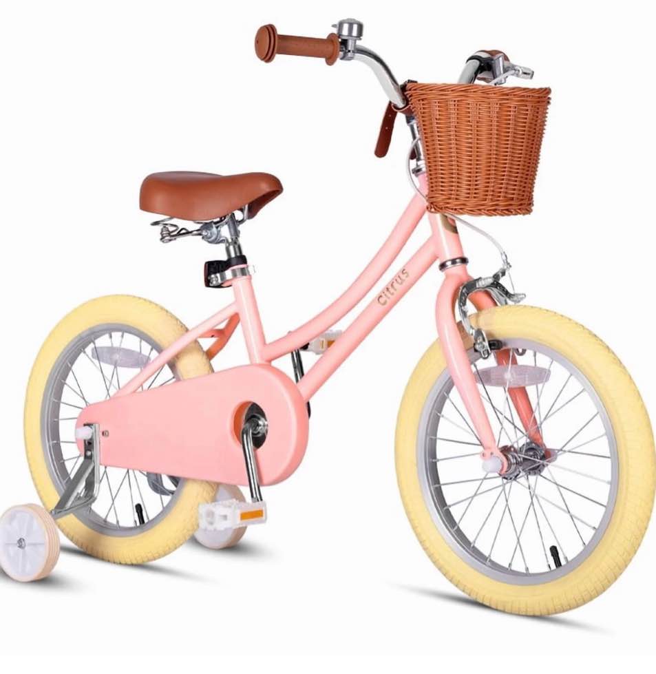 Vollsch 16 Inch Little Kids Bike for Age 7-15 Years Old Girls Toddlers Retro Vintage Style Bicycles with Basket Training Wheels and Bell, Peach