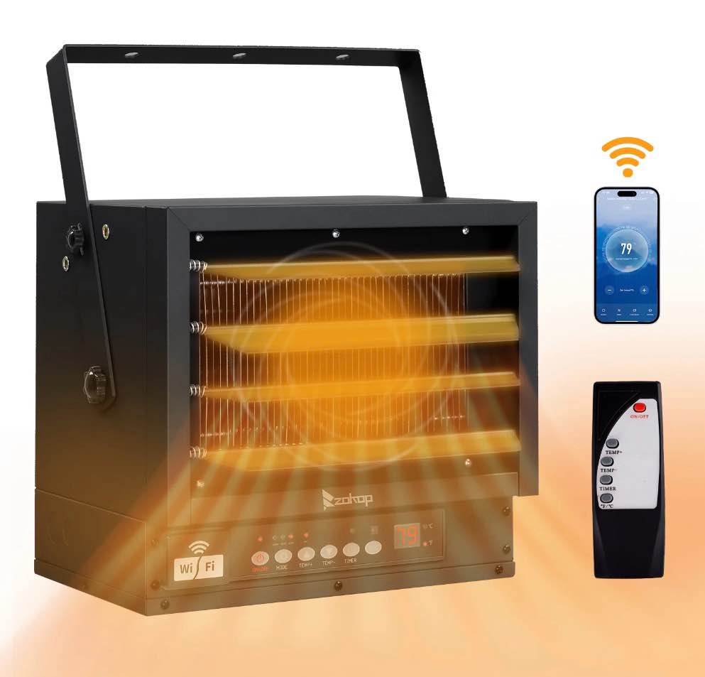 ktaxon wifi smart electric garage heater, 5000w ceiling mount space heater, 240-volt hard-wired heater fan-forced shop heater with digital thermostat, 12h timer, remote control, black