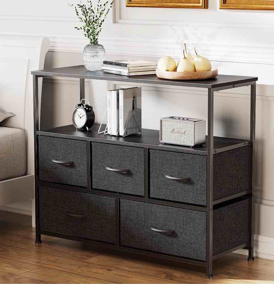 edx dresser tv stand, entertainment center with fabric drawers, media console table with open shelves for tv up to 45 inch for bedroom, living room, entryway, black