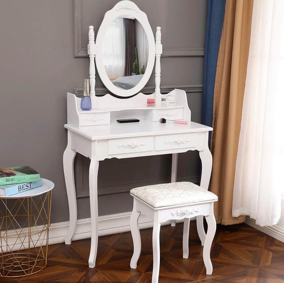 ktaxon elegance white dressing table vanity table and stool set wood makeup desk with 4 drawers & mirror