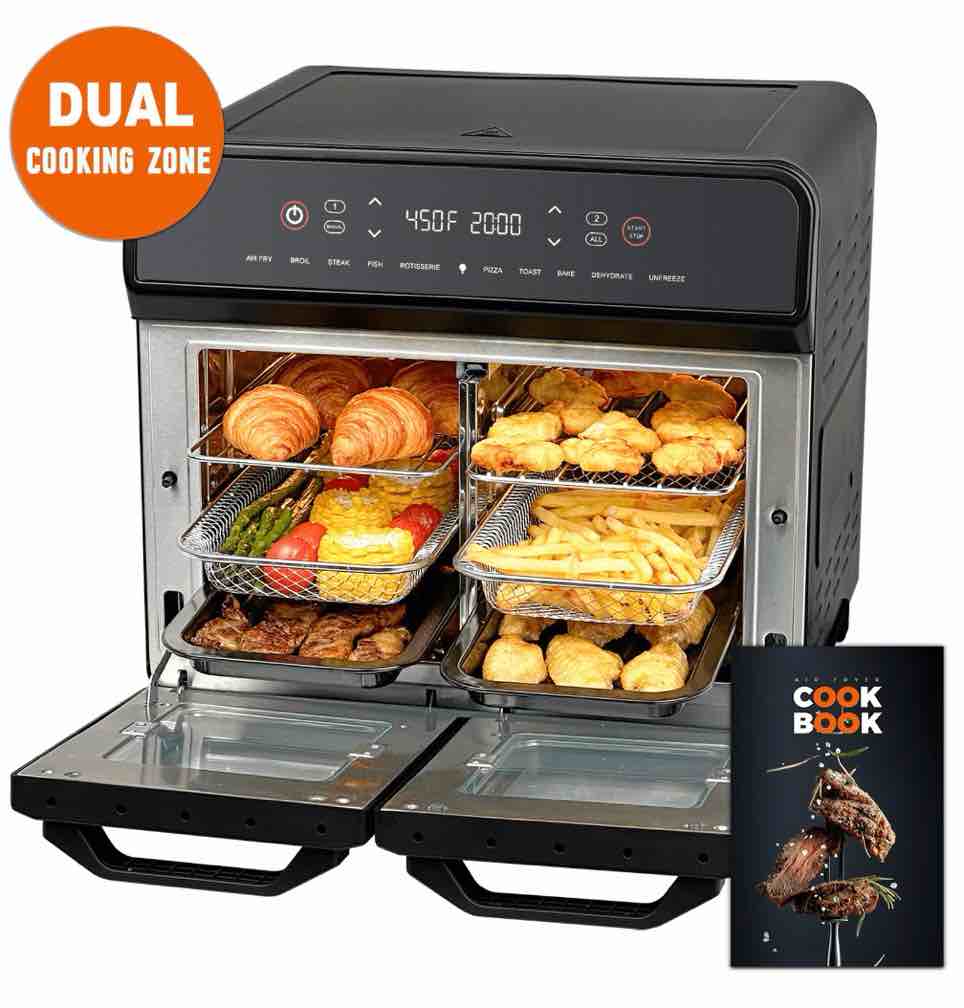 24qt dual zone air fryer oven with rotisserie,10-in-1 internal stainless steel toaster oven air fryer combo 1800w for family cooking