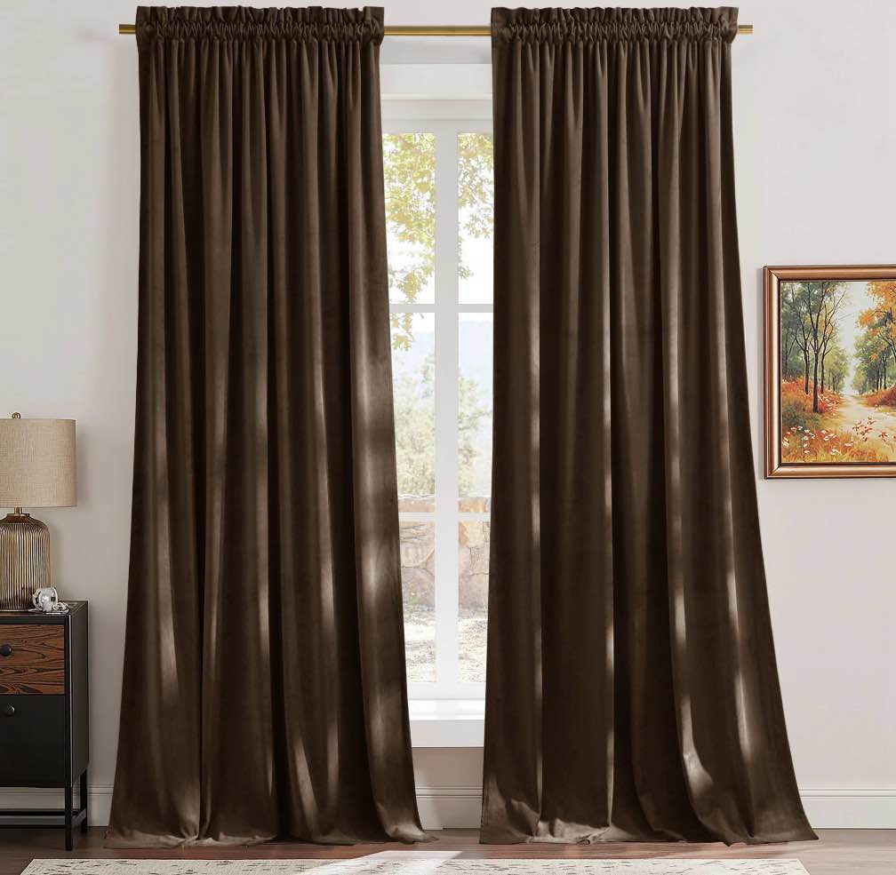 NICETOWN Blackout Velvet Curtains for Bedroom, Thermal Insulated Noise Reducing Room Darkening Rod Pocket Curtains Drapes Panels 52x102 inch 2 Panels, Brown