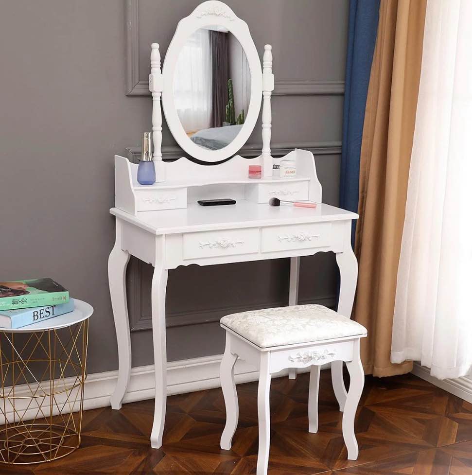 Ktaxon Elegance White Dressing Table Vanity Table and Stool Set Wood Makeup Desk with 4 Drawers & Mirror