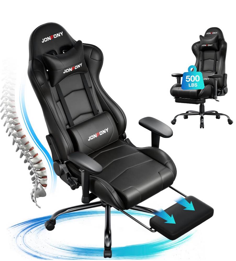 JONPONY Big and Tall 500LBS Gaming Chair, Ergonomic Design, Gamer Chair PU Leather with Footrest and Lumbar Support, High Back Office Chair Support 8 Hours Long Sitting,Black Computer Chair,Black