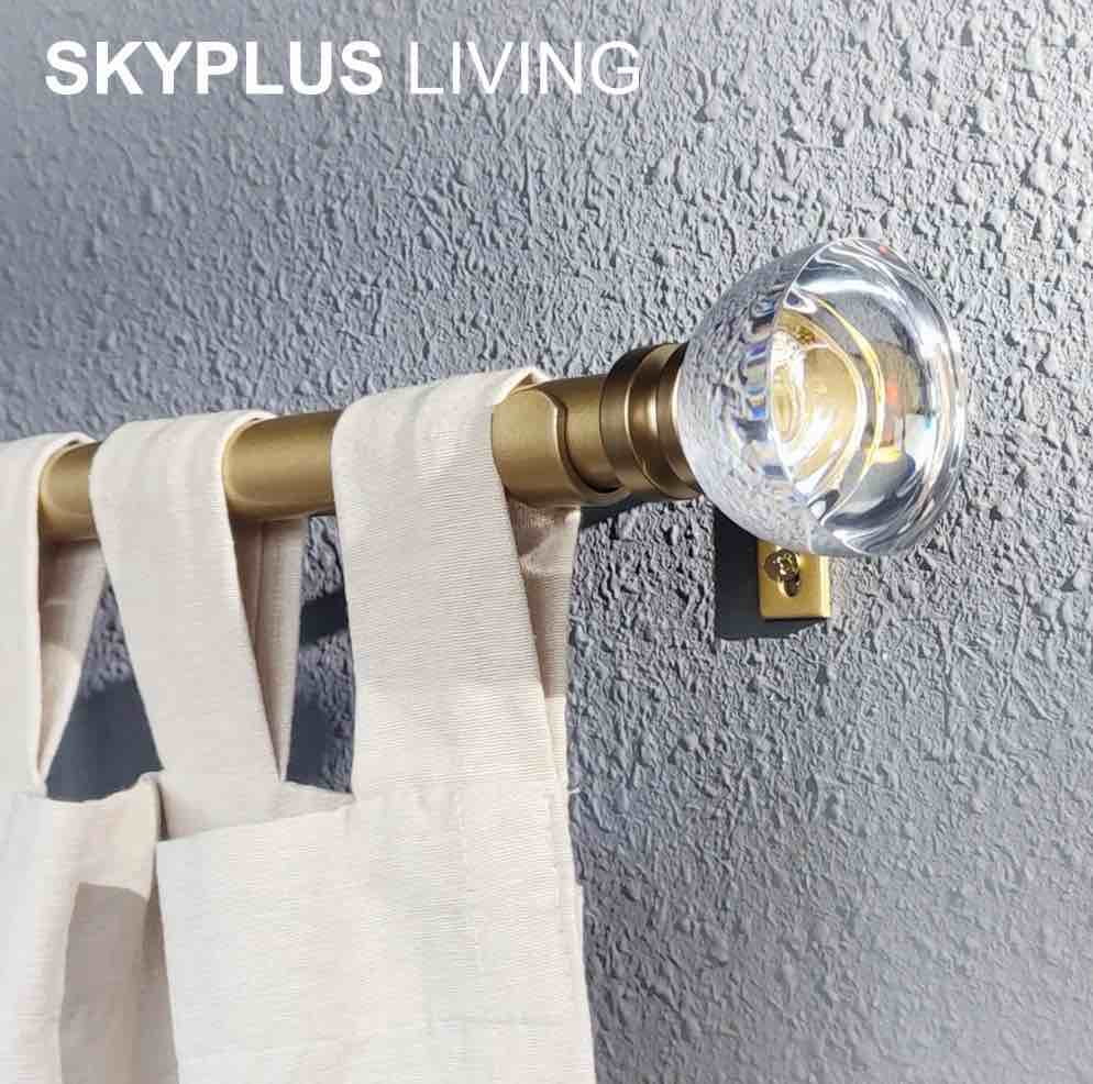 SKYPLUS LIVING 1 inch Window Curtain Rod with Acrylic Finials Set, Adjustable 72-144 in,Gold