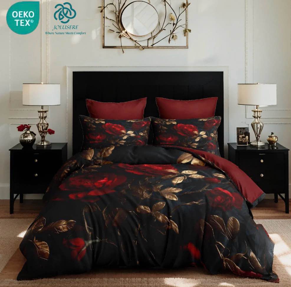 JOLOSERE Luxurious Rose Floral Comforter King Set, 3-Piece Vintage Soft Red Rose Bedding Comforter Set for Adults All Season