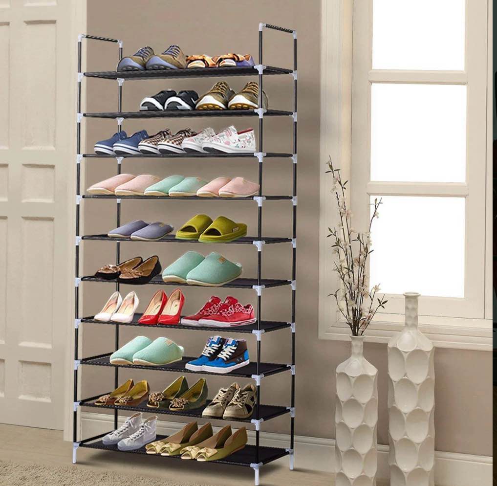 zimtown 10-tier 50 pairs shoe rack non-woven fabric shoe tower shoe shelf stand shoe storage organizer cabinet for entryway closet  black finish
