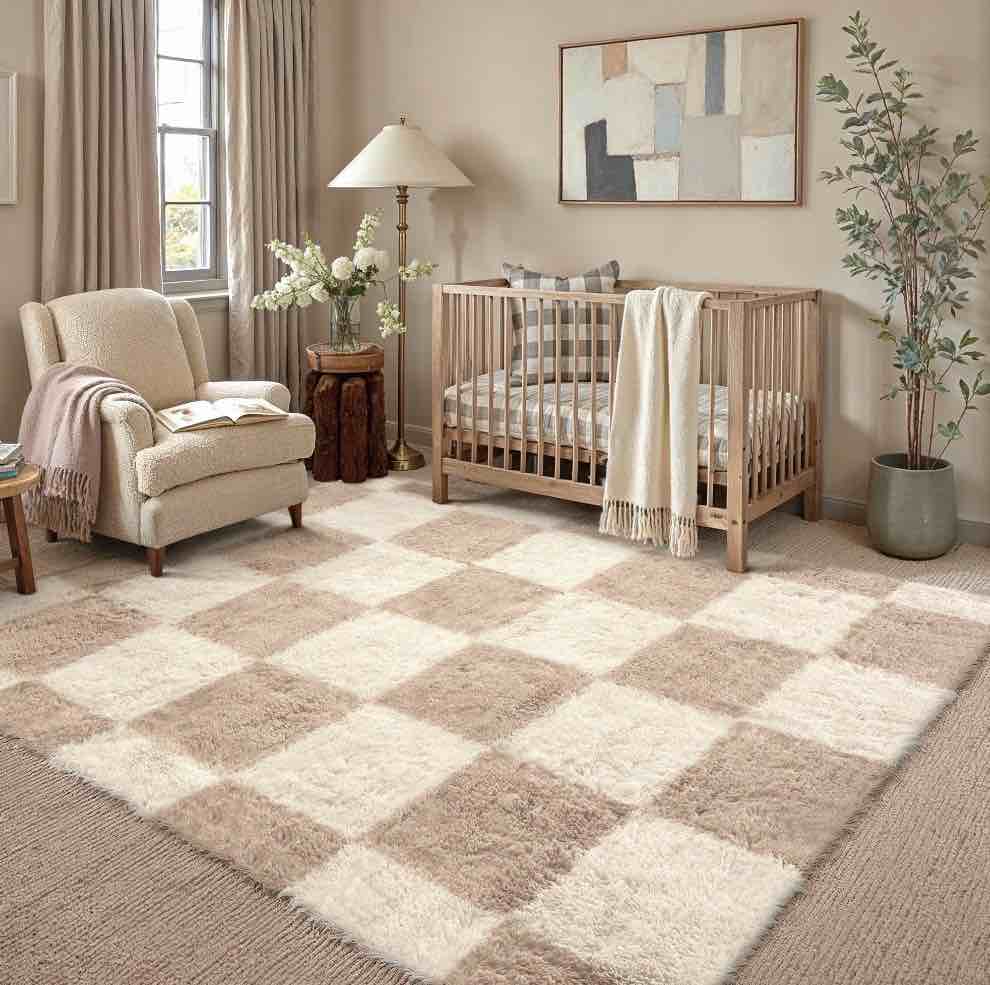 BERTHMEER 5'x8' Shag Area Rugs for Living Room Bedroom Dinning Room Fluffy Checkered Soft Modern Plush Pile Ultra-Soft Rugs Carpets,Beige White