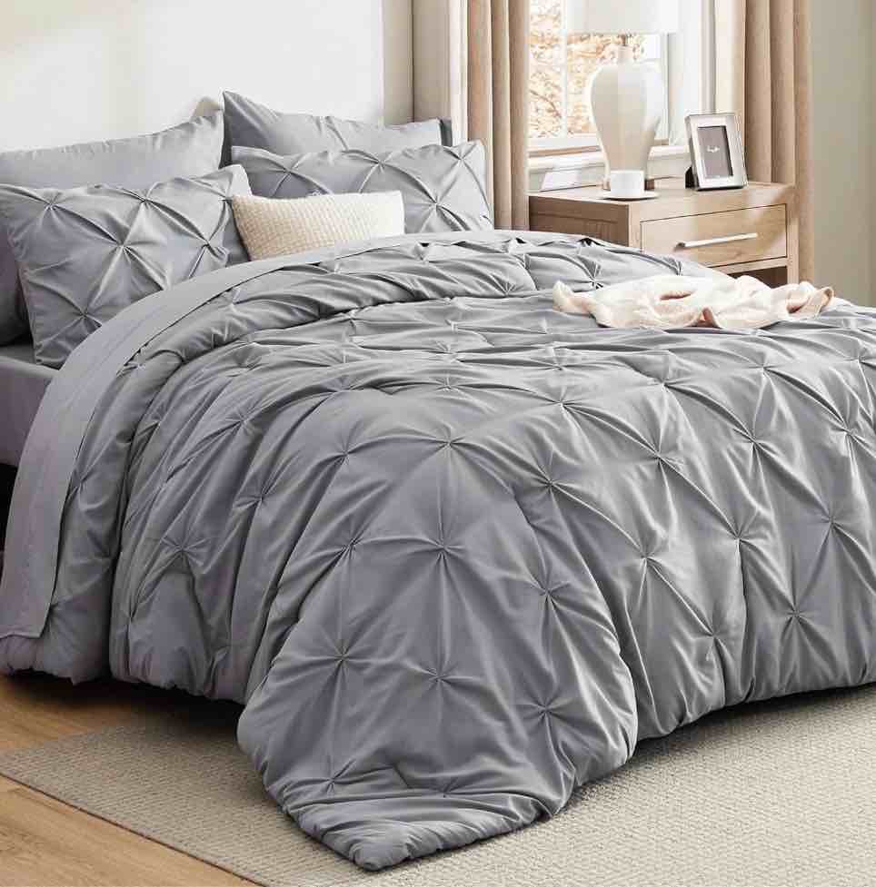 u by bedsure king comforter set 7 pieces- pinch pleat grey bed in a bag with comforters, sheets, pillowcases & shams
