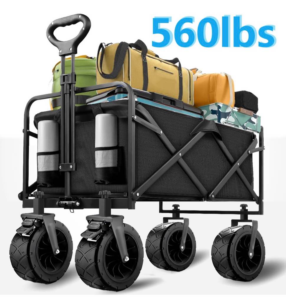 Qunler 560lbs Collapsible Folding Wagon, Big Bucket Beach Cart, Heavy Duty Large Capacity Garden Wagon with Multi-Terrain Brake Wheels for Outdoor Camping, Shopping, Sports, Grocery, Kids, Black