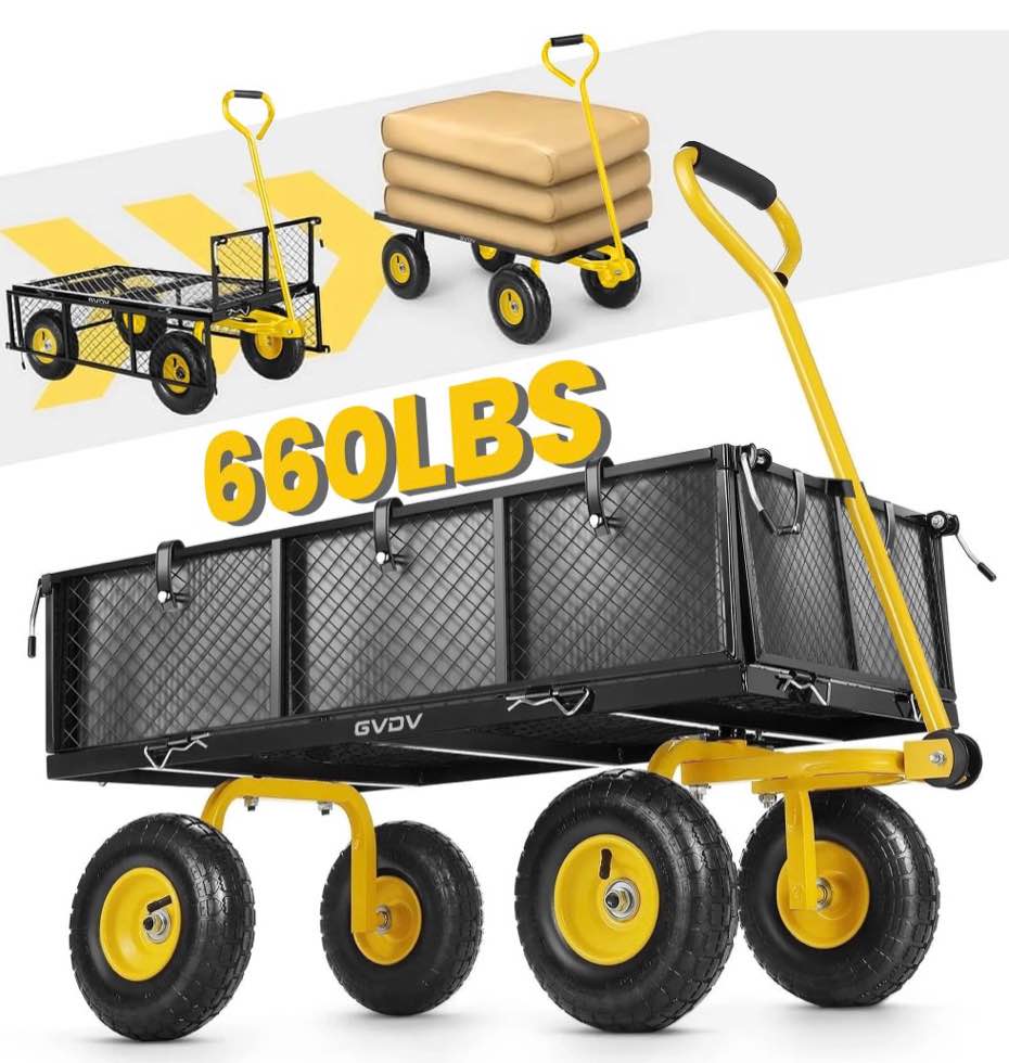 GVDV Heavy Duty Steel Garden Cart with Liner, 660lbs Capacity, 3 Cu ft, 10" All-Terrain Wheels, Black/Yellow – Durable Utility Cart for Yard Work, Hauling, and Outdoor Use